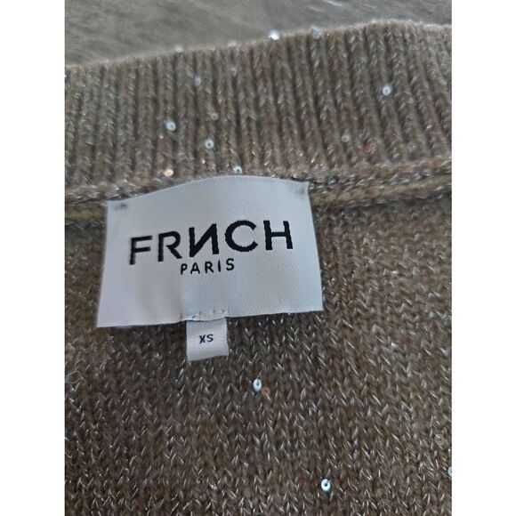 Women's FRNCH x Anthropologie V Neck Shine Pullover Sweater Shimmer Shine Greige - Picture 3 of 10